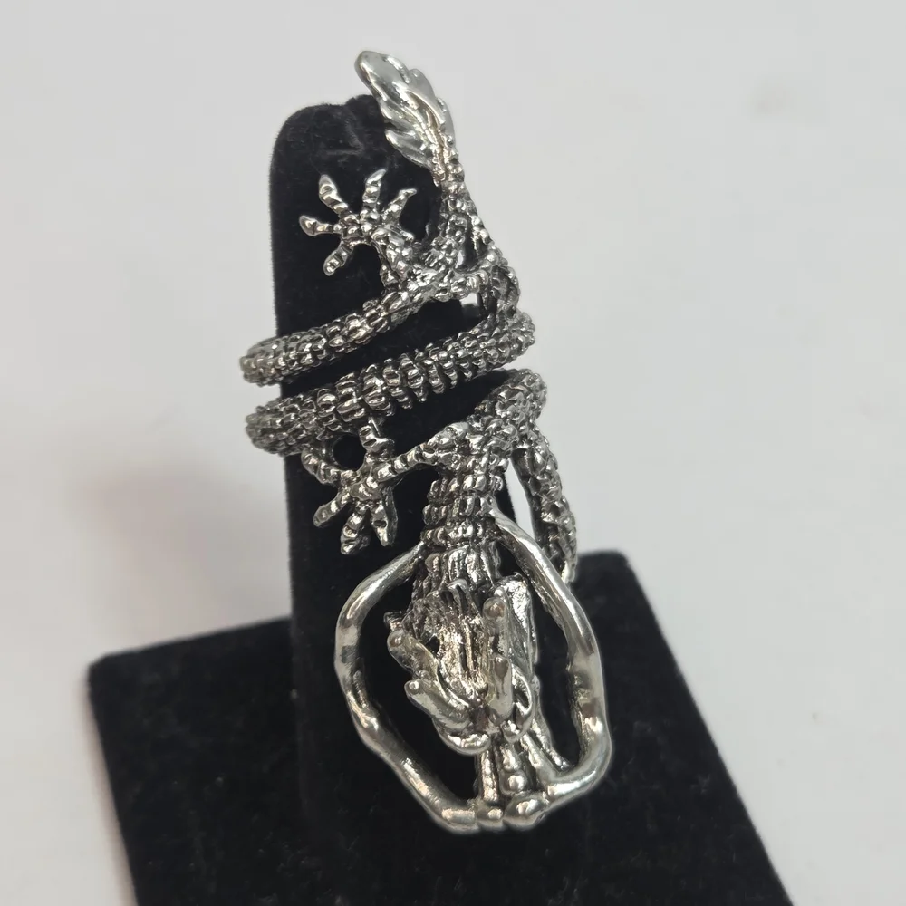 dragon silver tone fantasy mythical creature wrapped ring sz 6 gothic wrap claw